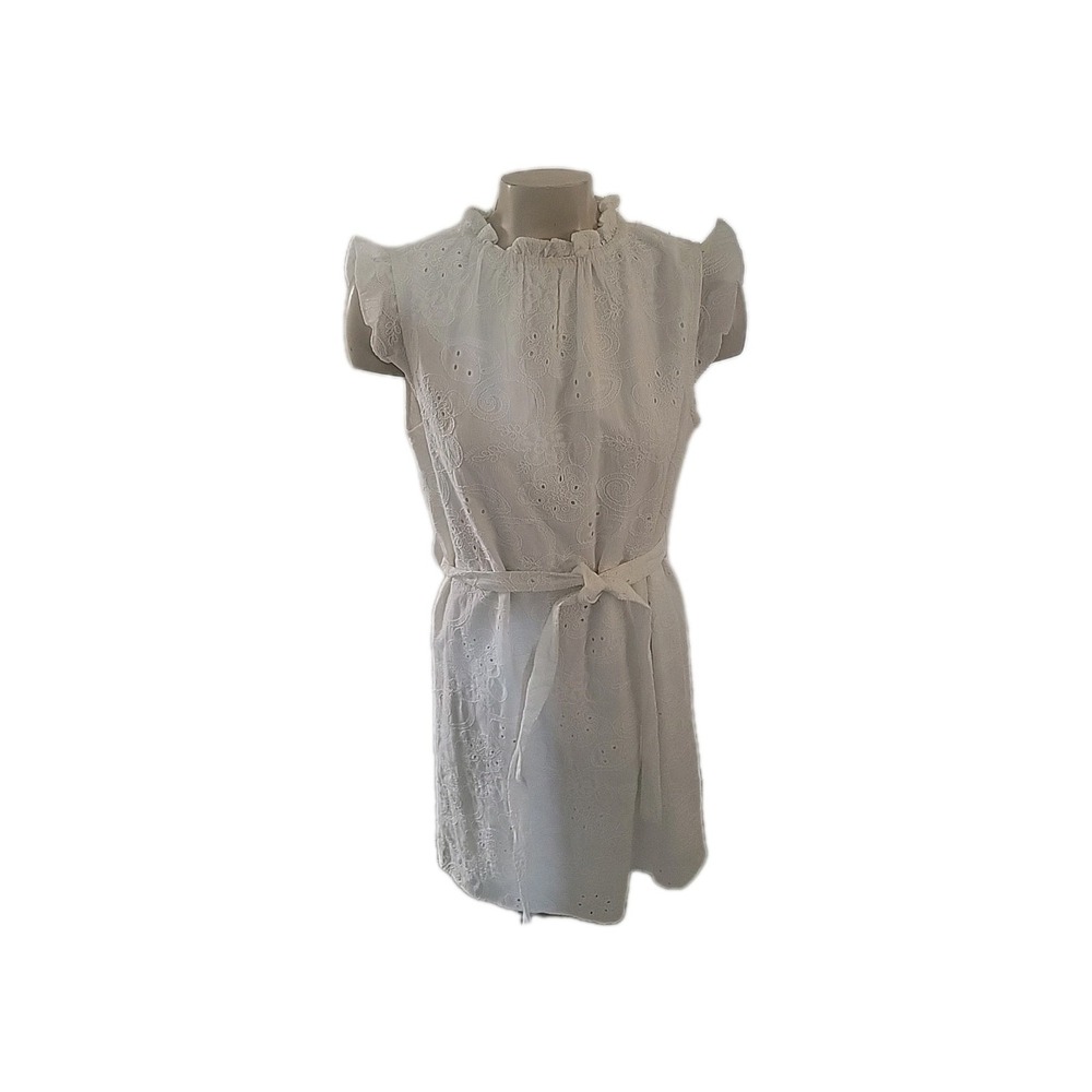 NANETTE LEPORE White Eyelet Dress Ruffle Mock Neck Sleeveless Belted Summer 6